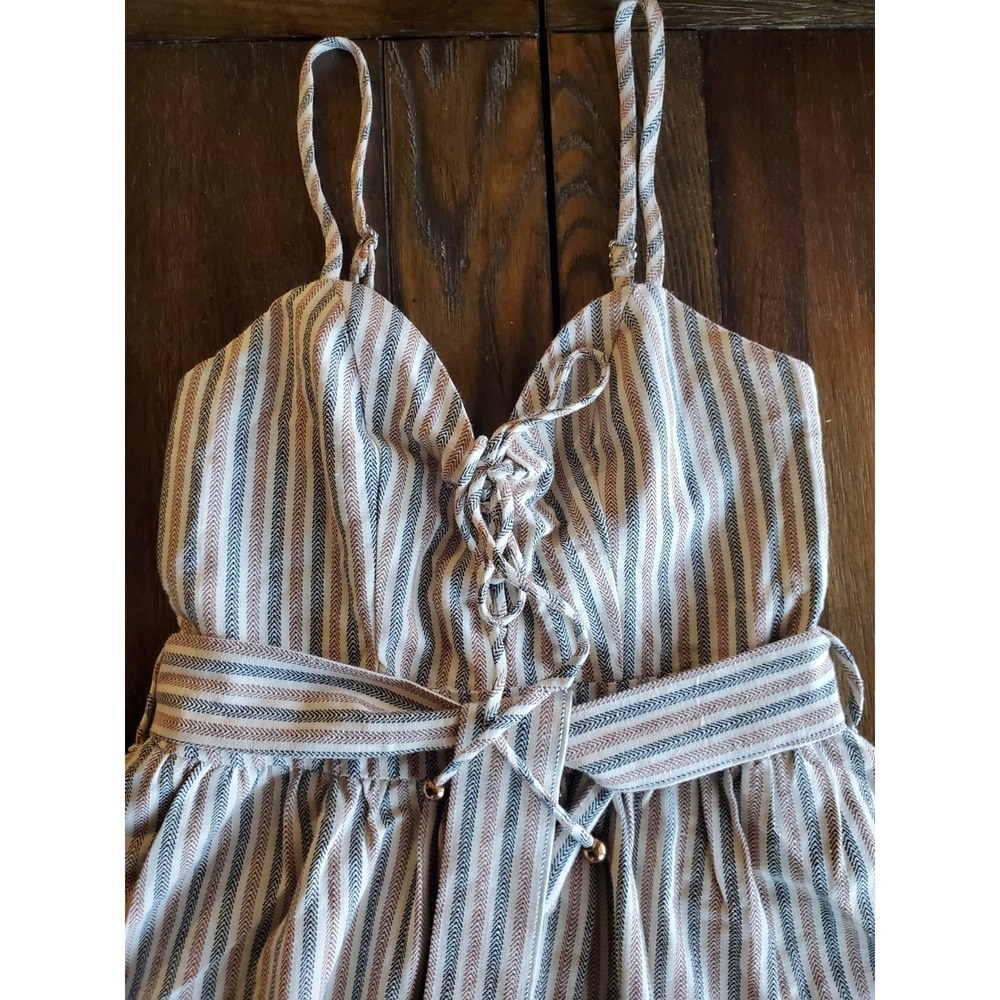 Indikah Striped Lace Up Midi Dress Neutral Tan Blue Herringbone XS - Picture 9 of 10